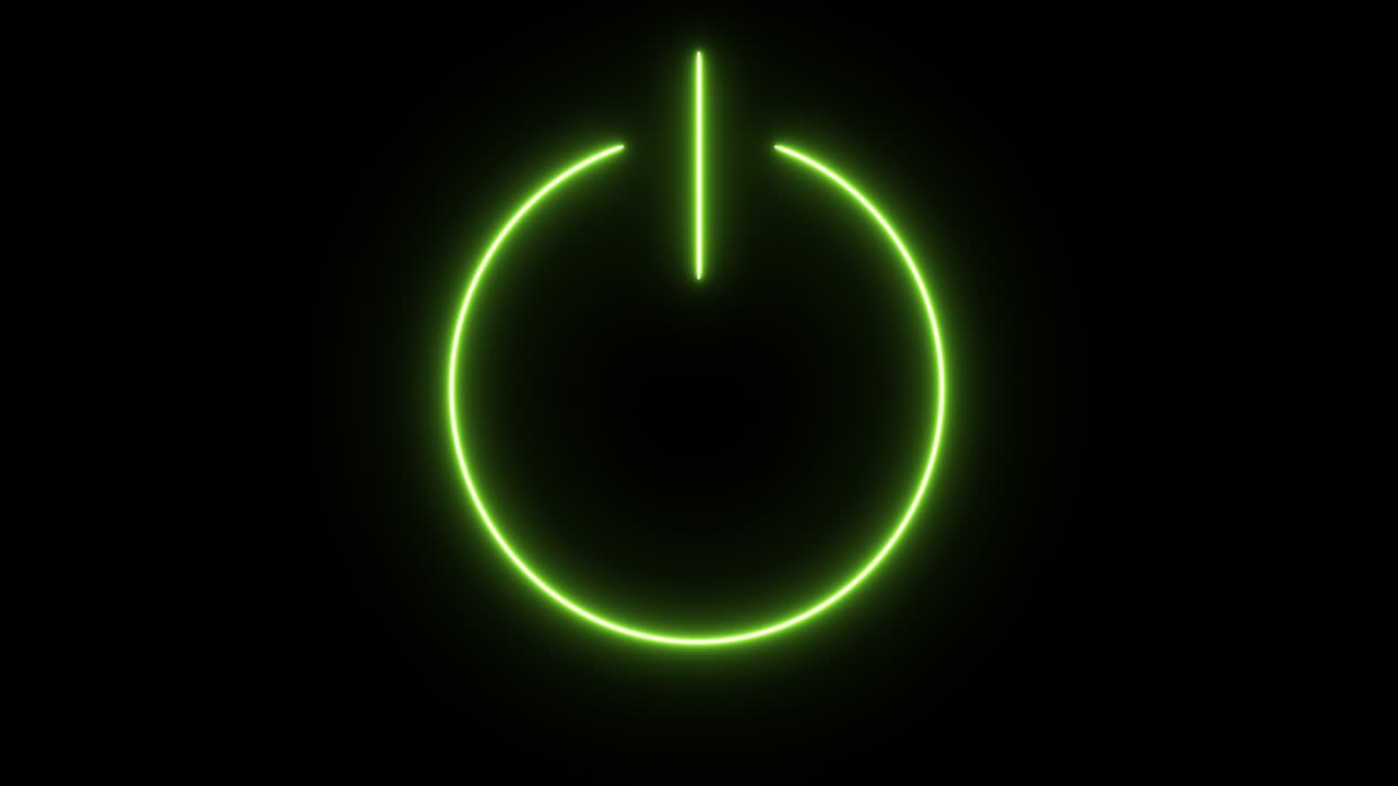 빛나는 네온 라인 전원 버튼 아이콘은 검은 바탕에 고립되어 있습니다. 시작 표지. 4k 비디오 모션 그래픽 애니메이션.