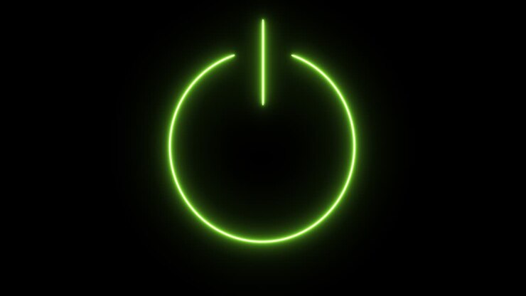Icona del pulsante di accensione con linea al neon luminosa isolata su sfondo nero. Segno di avvio. Animazione grafica in movimento video 4K