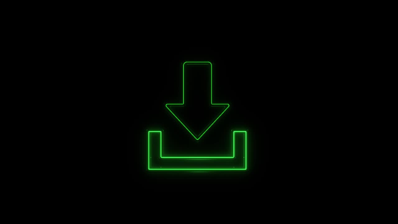 Glowing neon line Download icon isolated on black background.