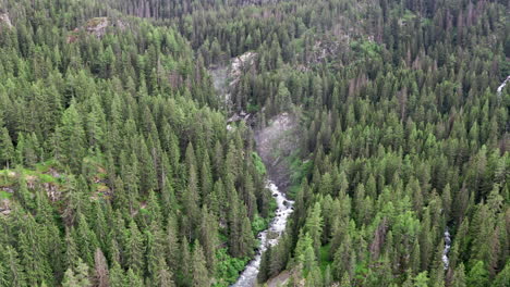 cascate del rutor waterfall surrounded by dense forest in italy, aerial view