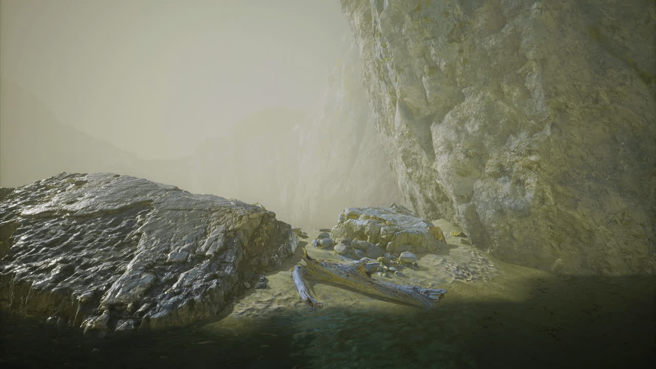 Misty coastal landscape with large rocks and driftwood near the shore