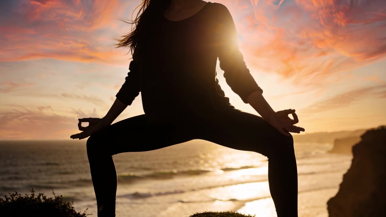 Donna in abbigliamento sportivo in squat profondo che medita su una scogliera vicino all'oceano al tramonto, la brezza le muove i capelli.