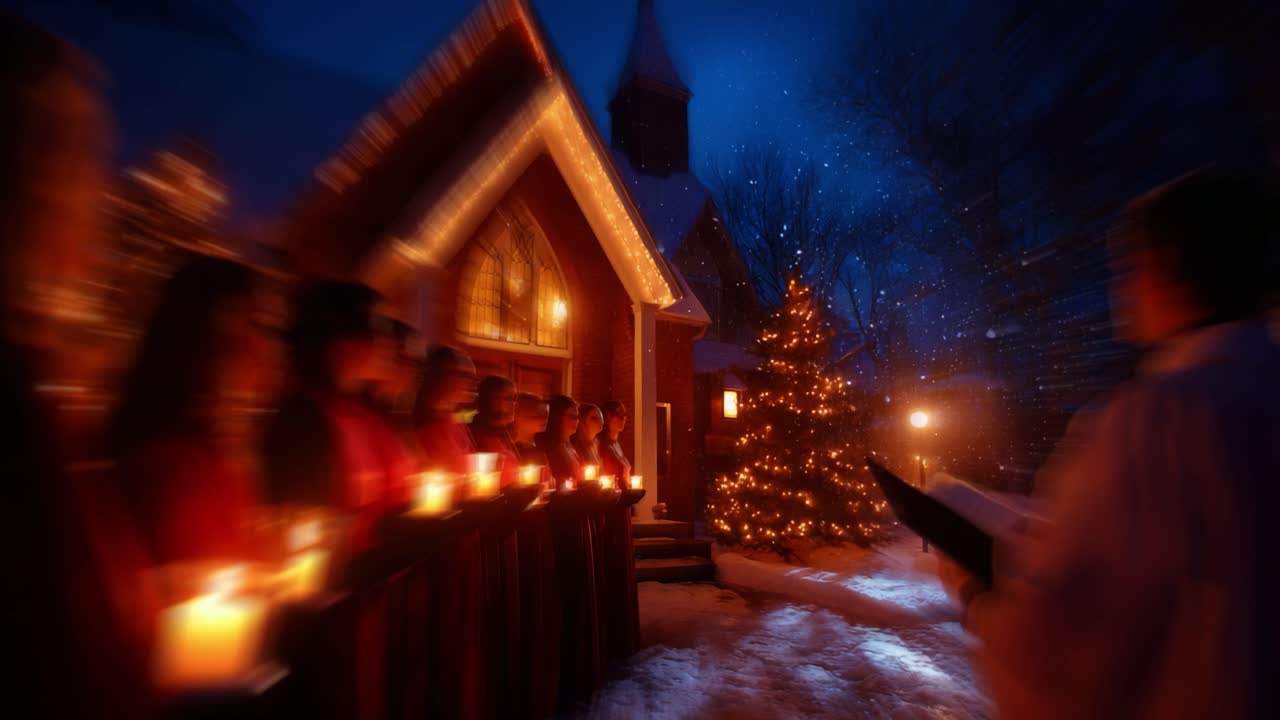 A Serene Candlelight Christmas Caroling Scene Outside a Church, Illuminated by Snowfall and Holiday Lights, Creating a Magical Atmosphere of Festive Cheer and Community Bonding