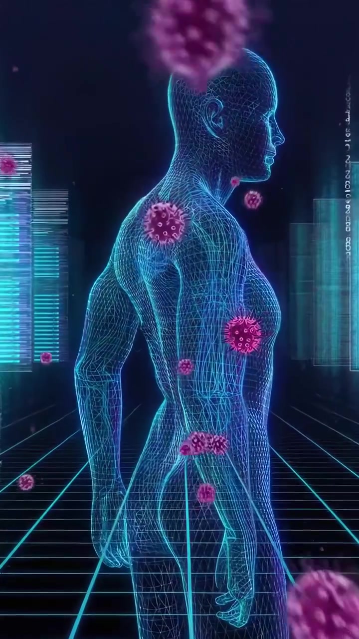 Digital Wireframe Human Body with Floating Viruses