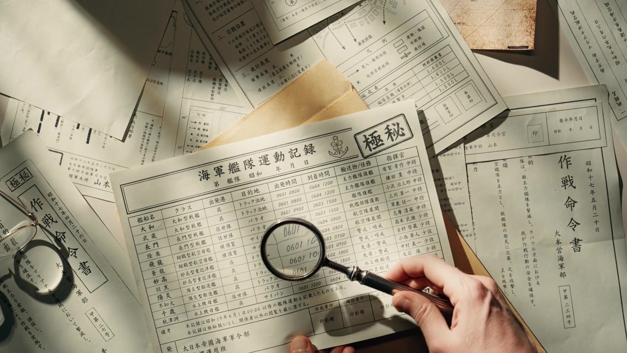 研究桌上散落的復古文件。