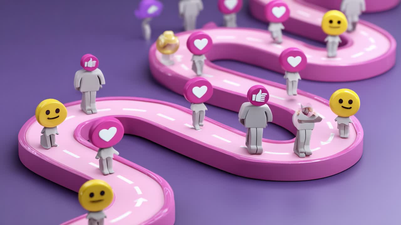 A Vibrant Journey Displaying Human Connections and Emotions through Colorful Icons on a Winding Pathway, Illustrating a Positive and Engaging Experience