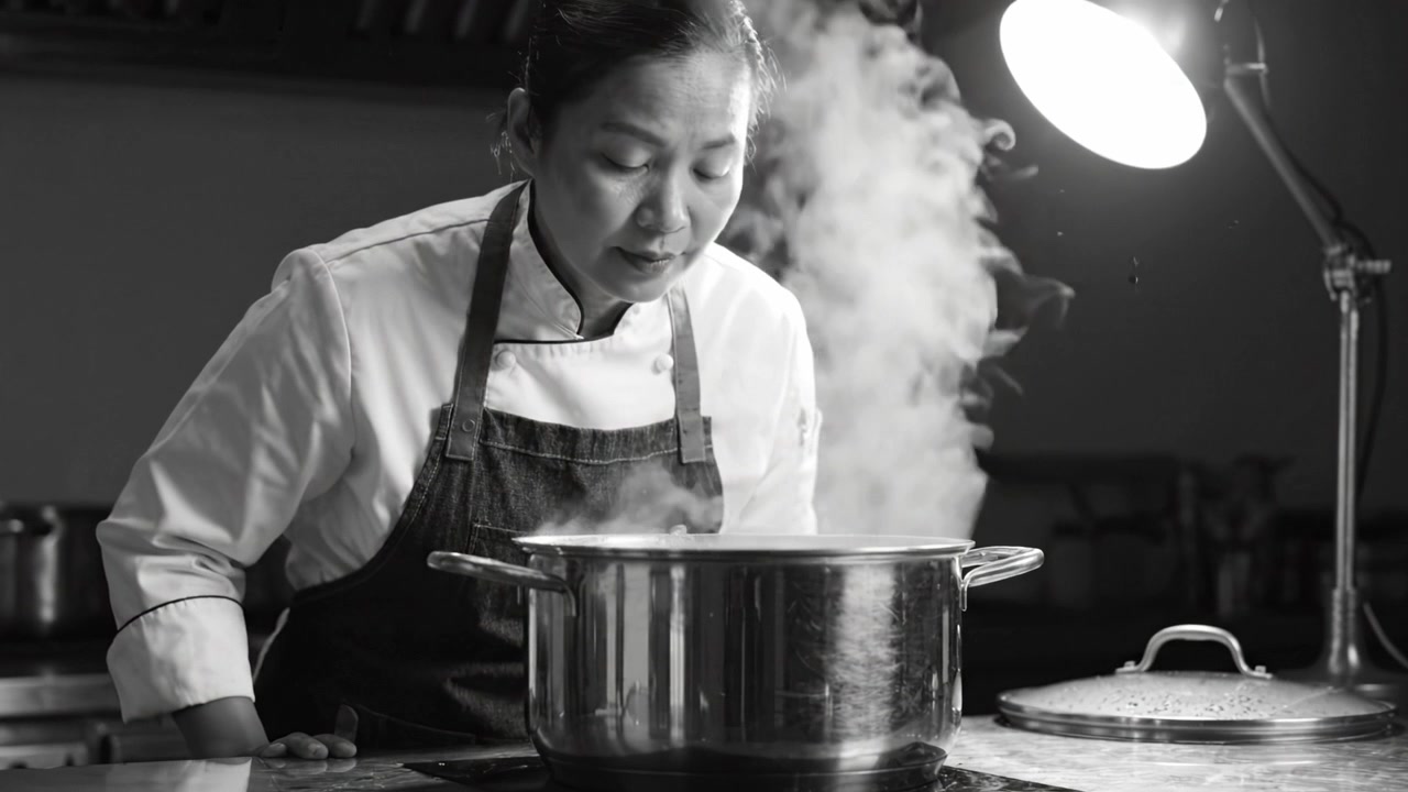 Arte culinaria in azione: l'intensa concentrazione di una chef mentre crea un capolavoro di zuppa con vapori fumanti che salgono dalla pentola.