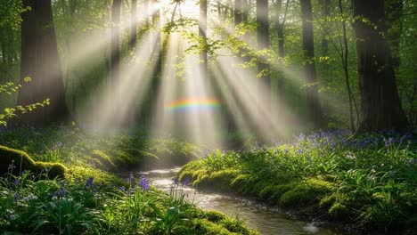 A Serene Forest Scene with Sunlight Streaming Through Trees, Illuminating a Tranquil Stream and Colorful Wildflowers in a Lush, Vibrant Ecosystem