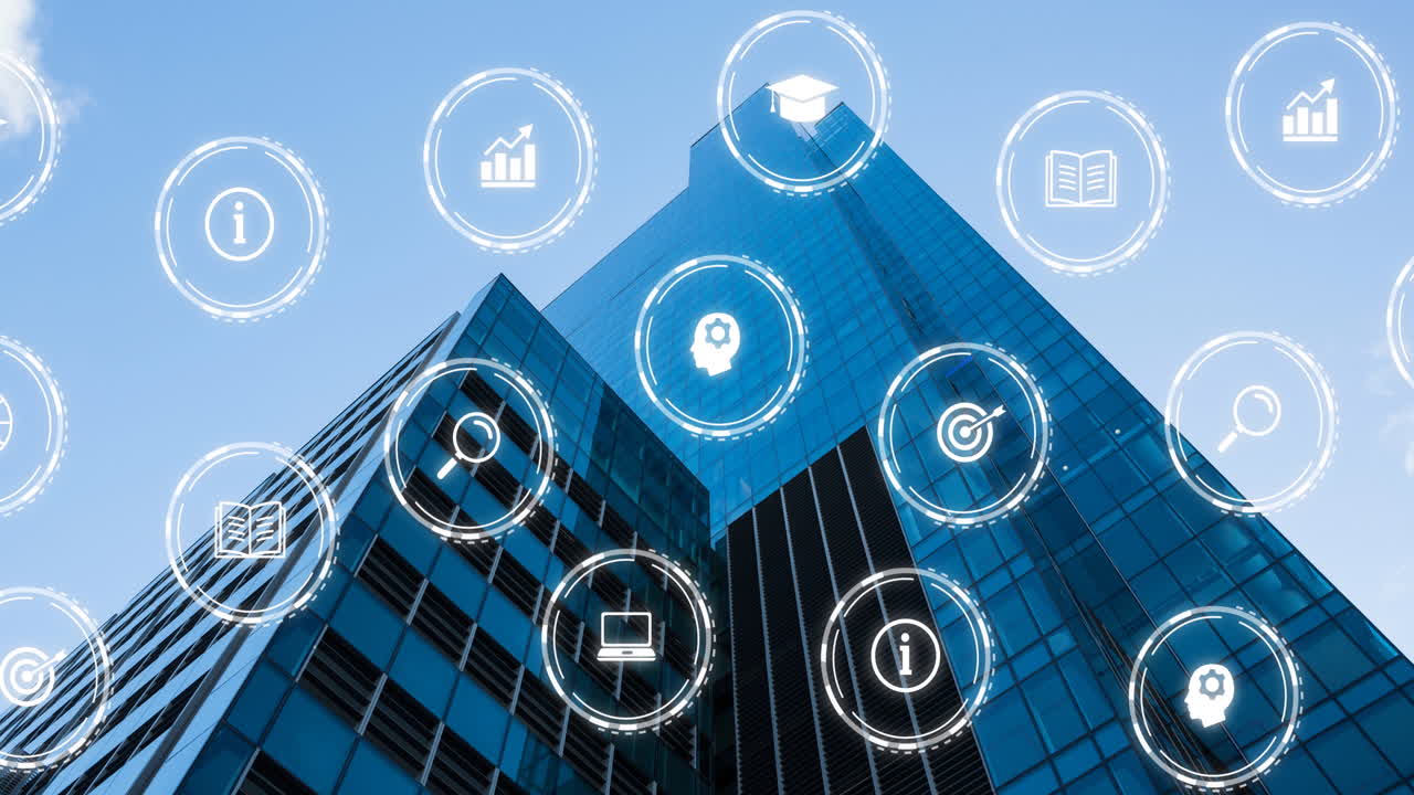 아이콘의 애니메이션 및 데이터 처리가 건물을 통해