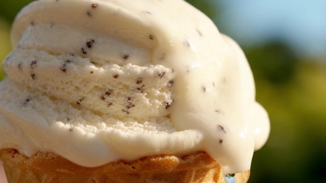 Cono gelato deliziosamente cremoso con gocce di cioccolato: una delizia tentatrice perfetta per le calde giornate estive, catturato con dettagli mozzafiato e ricche texture per ogni amante dei dolci.