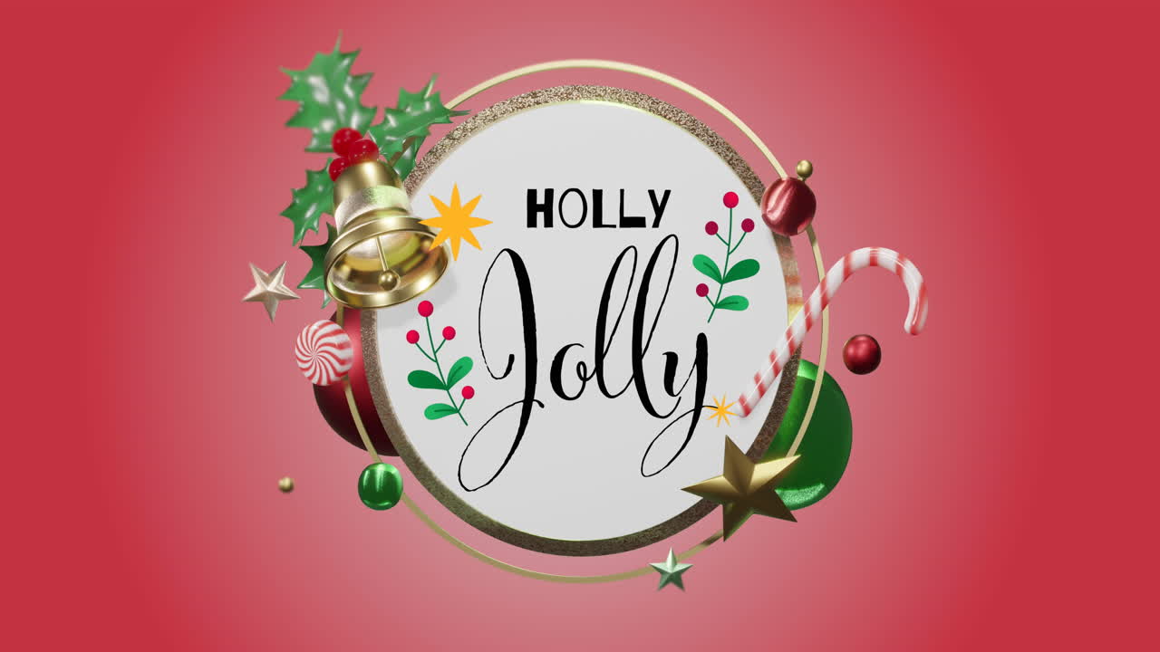 animación del texto de saludos de navidad con decoración en fondo rojo.