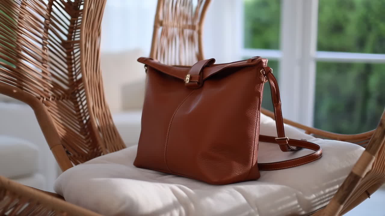 Brown Leather Bag on a Wicker Chair