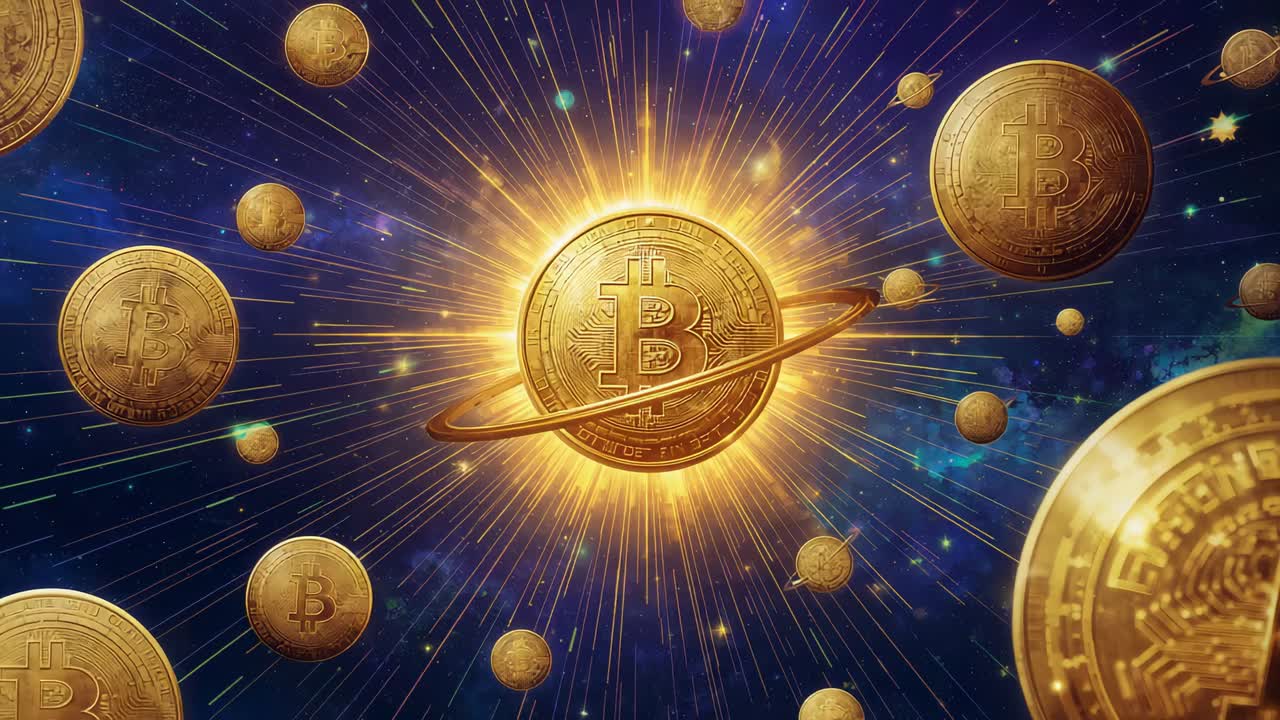 Zooming camera moving central gold Bitcoin closer in nebula highlighting circuitry and orbital ring