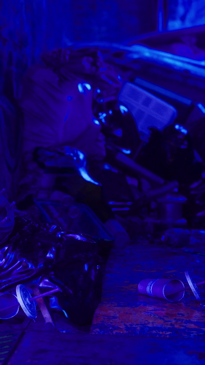 Trash collection in a back alley during nighttime with blue lighting