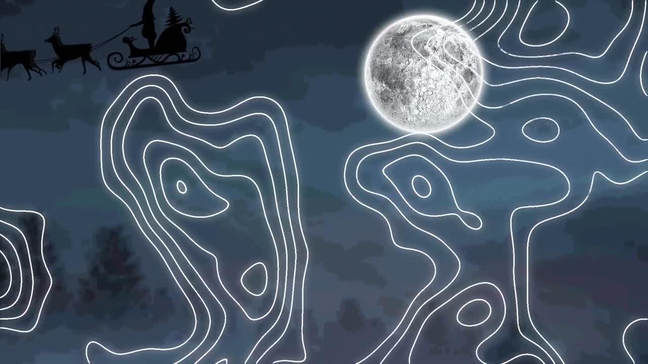 Animation of santa claus in sleigh with reindeer over white lines and moon