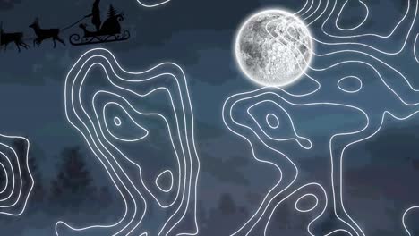 animation of santa claus in sleigh with reindeer over white lines and moon