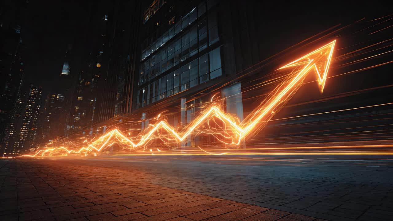 Grafico a forma di freccia arancione brillante che si muove verso l'alto in una strada buia della città di notte, a simboleggiare successo finanziario, crescita del mercato azionario, sviluppo aziendale e progresso tecnologico