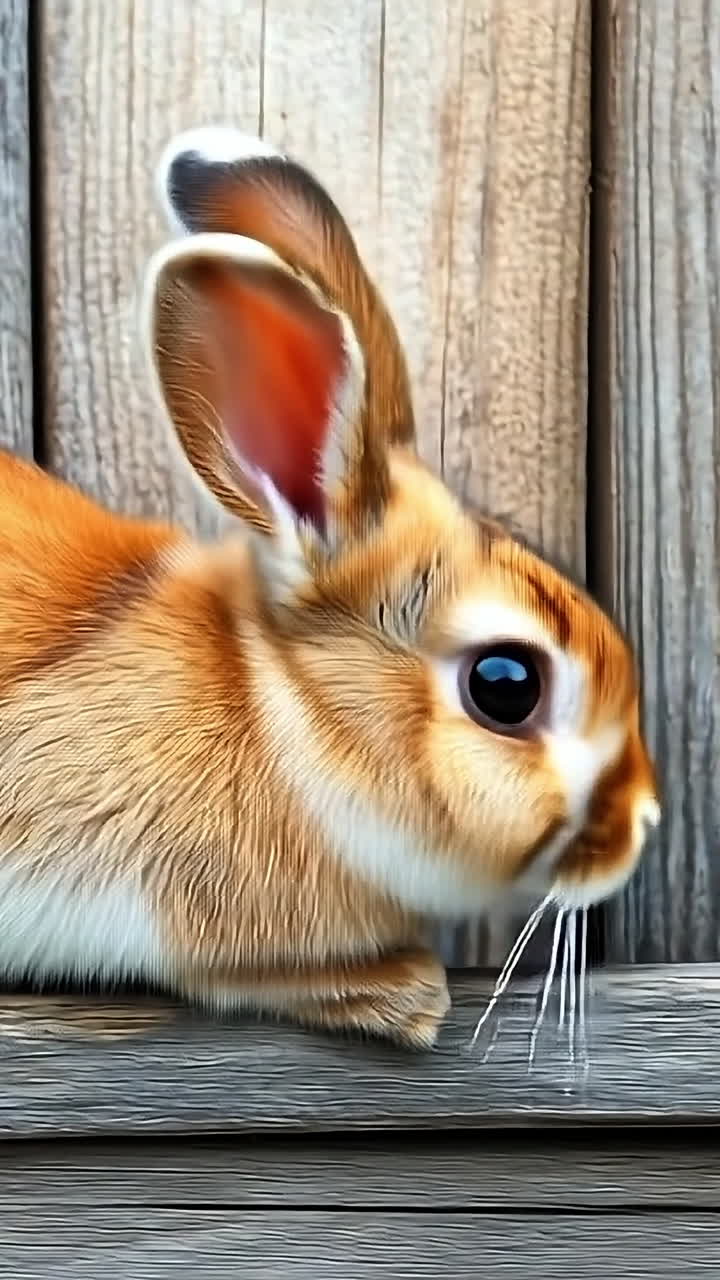 Brown rabbit on wood ledge. A small brown rabbit perches on a wooden ledge with its ears perked up, surrounded by rustic wooden planks.