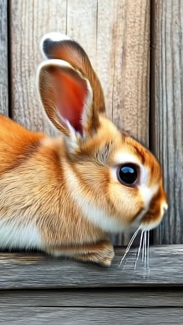 brown rabbit on wood ledge. a small brown rabbit perches on a wooden ledge with its ears perked up, surrounded by rustic wooden planks.