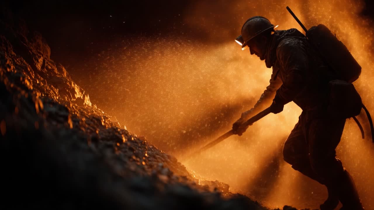 Dramatic depiction of a miner working diligently in an illuminated cavern, surrounded by swirling dust and shimmering particles amidst an intense glow