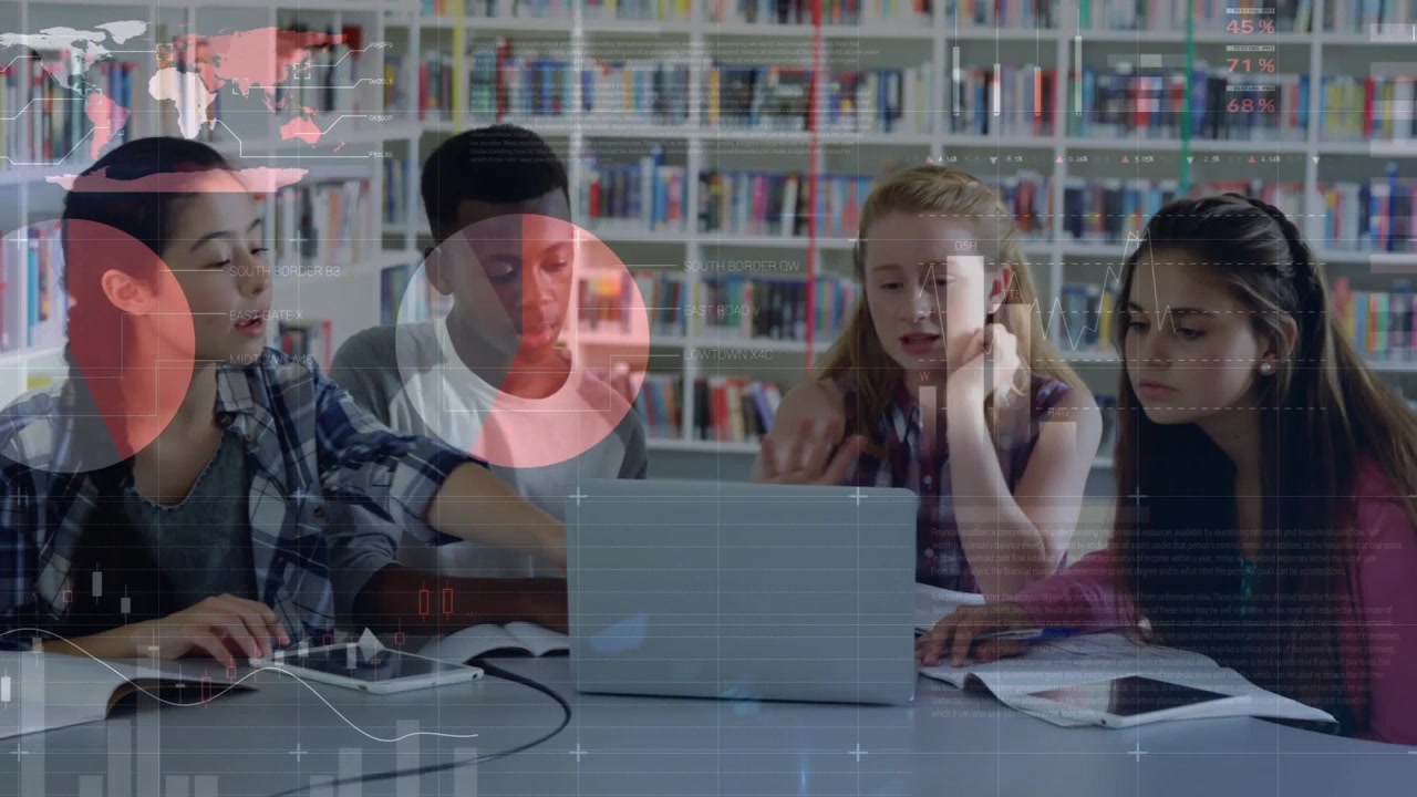 Diverse Students Collaborating with Digital Data Overlays in a Library