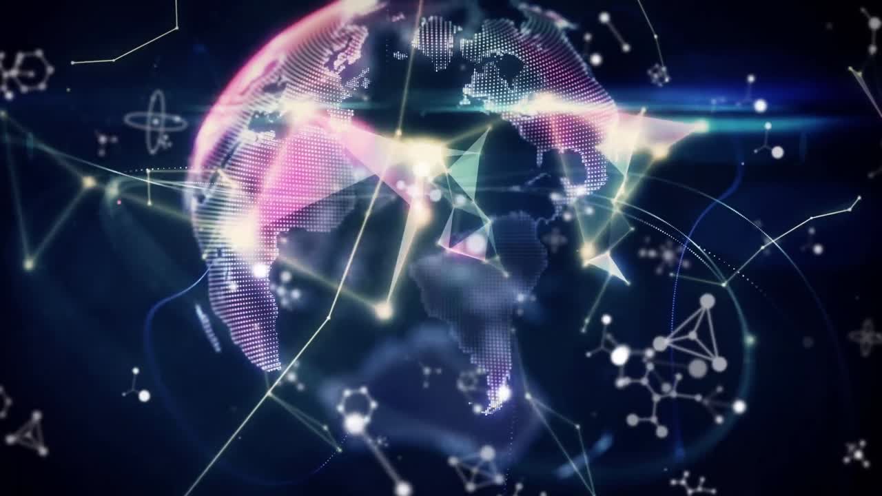 검은 바탕 위에 연결 네트워크, 분자 및 지구의 애니메이션