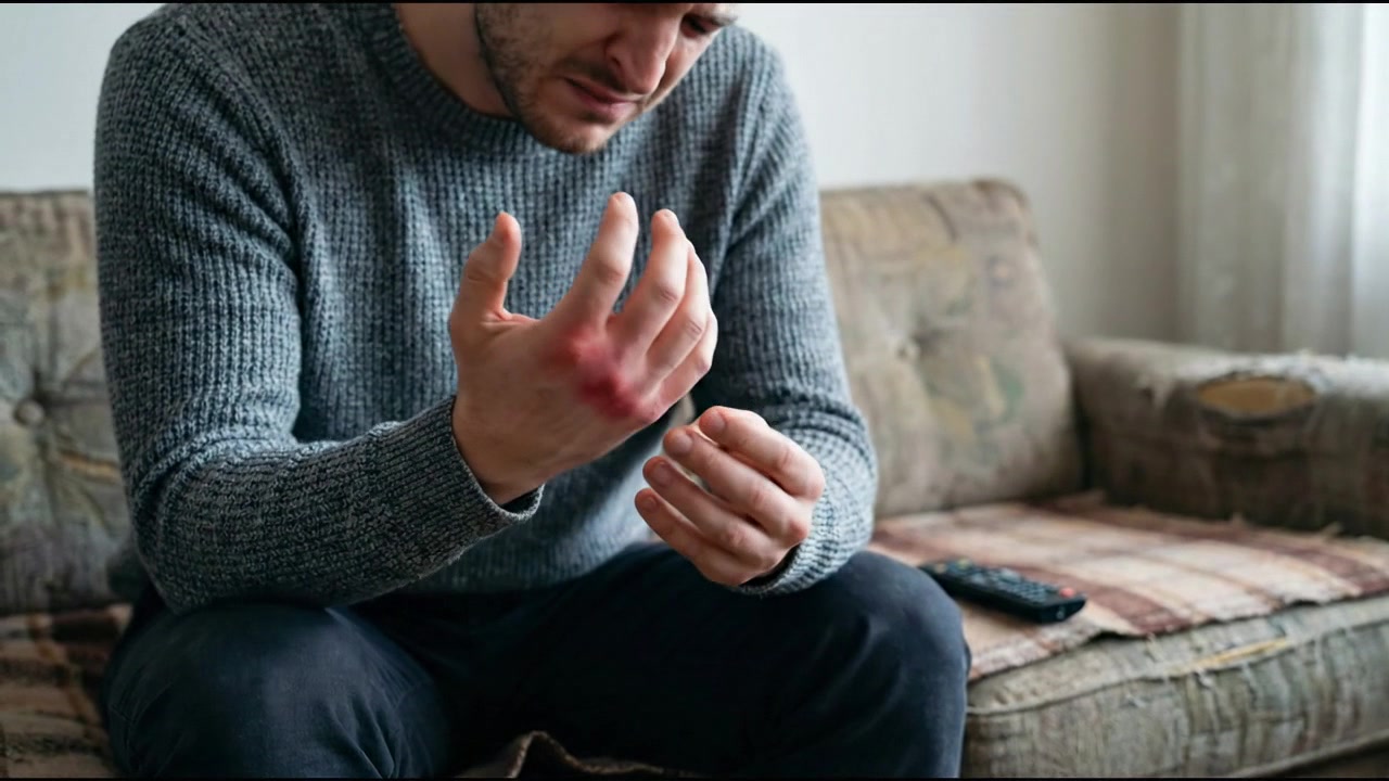 Person holding center chest with one hand in dark casual clothing in everyday health concept