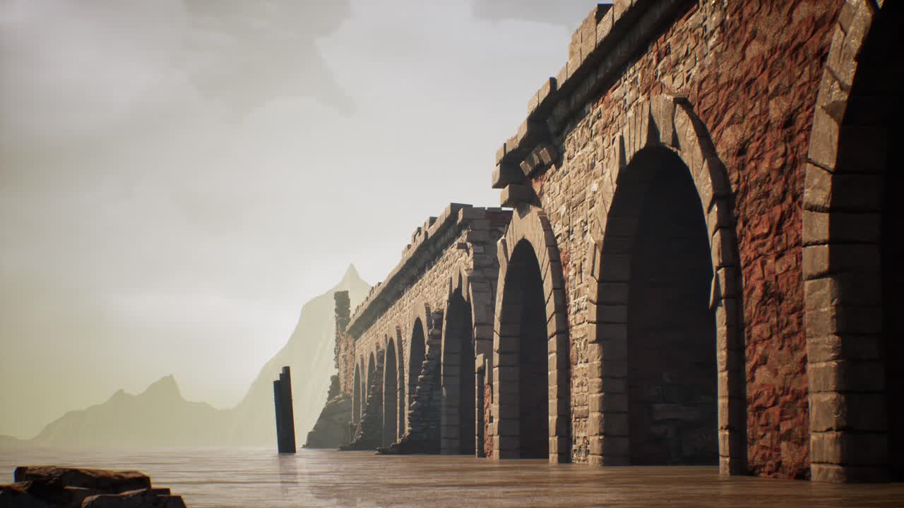 오래된 돌 강 다리 폐허와 돌, 숲, 강 물, 그리고 배경의 산, 3d 애니메이션, 카메라 dolly up