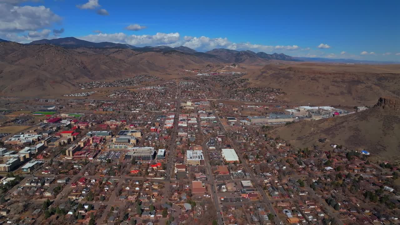 Golden Colorado aerial drone Colorado historic downtown Golden Gate Canyon winter sunny morning afternoon blue sky Boulder Flat Irons Clear Creek Lookout Mountain Coors Beer Factory forward pan up