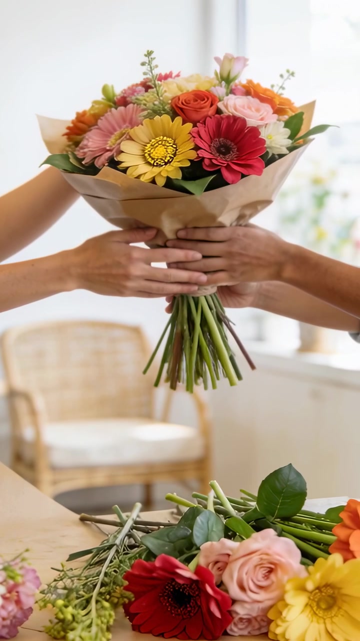 Video verticale: Persona con manica a righe che porge un bouquet in carta kraft su un tavolo per un regalo