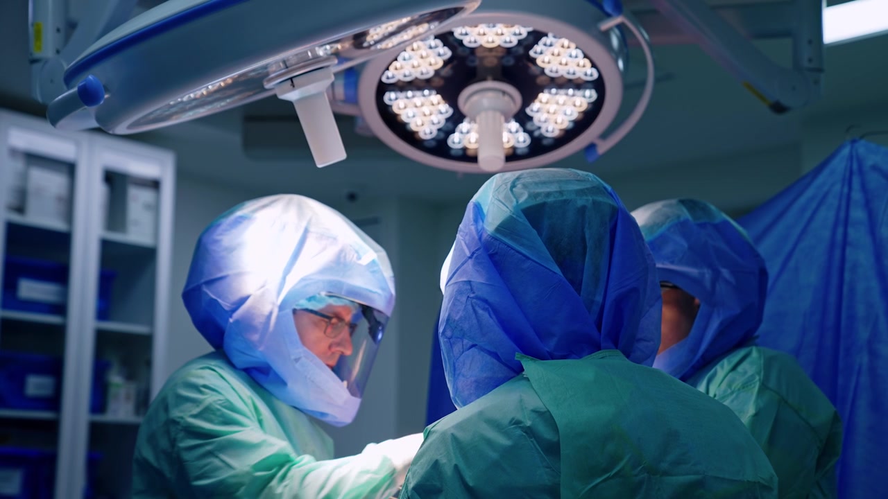 Un gruppo di tre chirurghi collabora a un intervento per trauma. Due lampade operatorie rotonde e luminose sono posizionate sopra i medici.