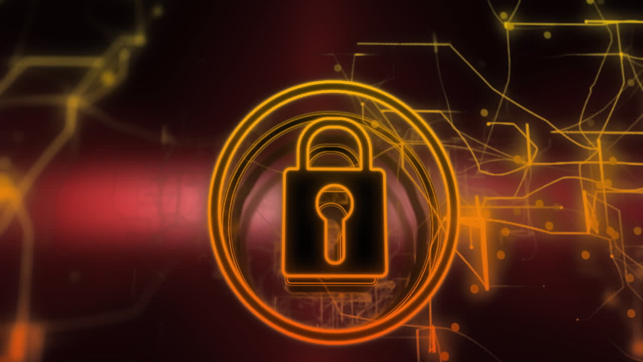 animación del icono del candado y procesamiento de datos sobre un fondo oscuro