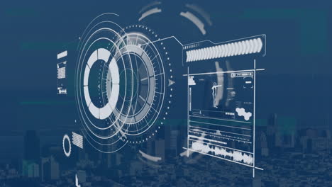 animation of loading circles and bars with human body over aerial view of modern cityscape