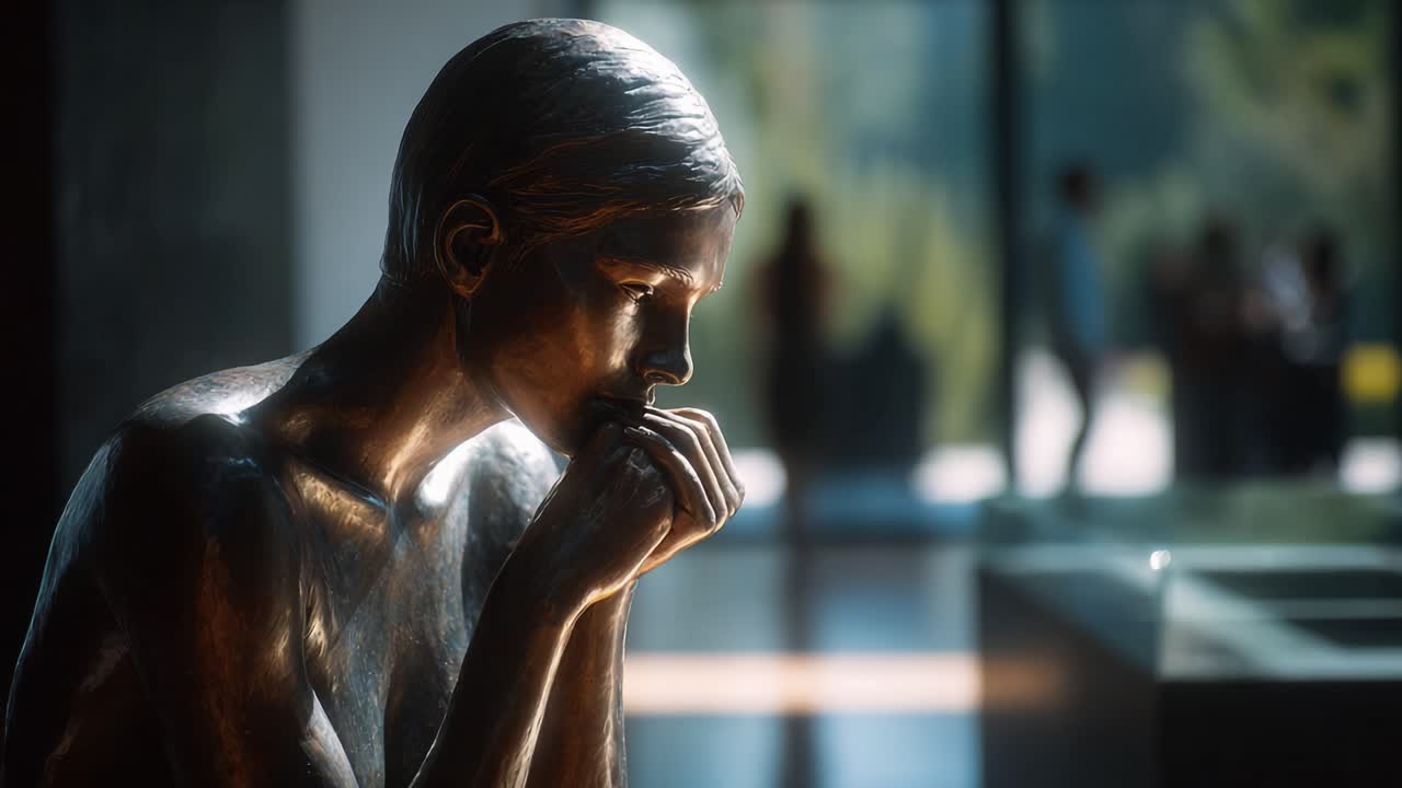 A Reflective Moment: A Bronze Sculpture Exhibiting Contemplation and Emotion in a Modern Gallery Setting with Soft Natural Light and Background Activity