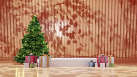 Christmas-tree-with-ornaments-and-wrapped-presents-on-a-red-floor-against-a-yellow-background