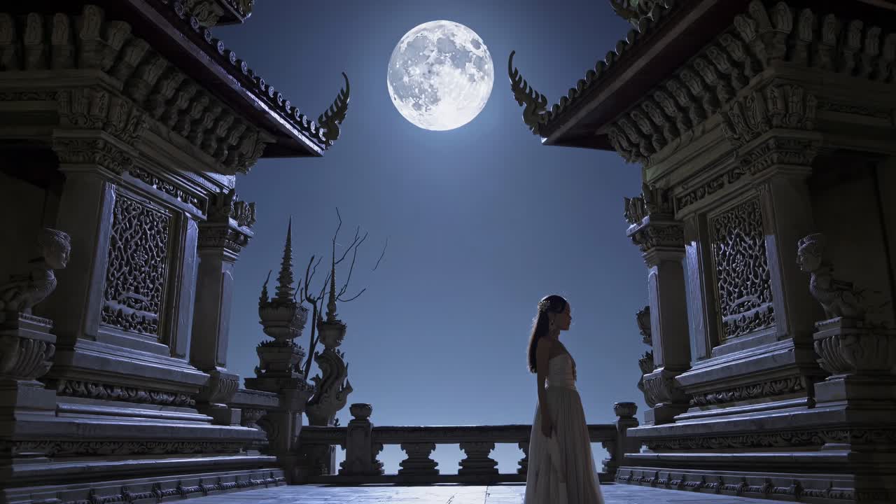 Woman wearing a traditional dress is posing in a temple under the full moon, creating a serene and evocative scene that blends spirituality and beauty