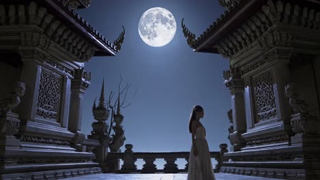 woman wearing a traditional dress is posing in a temple under the full moon, creating a serene and evocative scene that blends spirituality and beauty