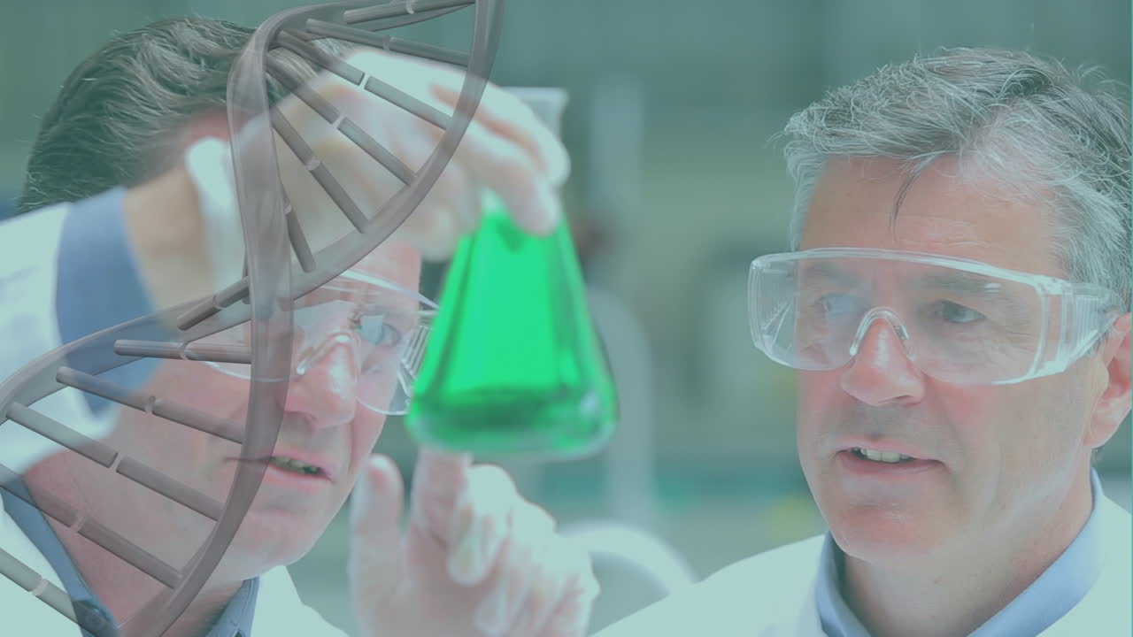 표본을 가진 백인 고위 남성 실험실 직원들에 대한 dna의 애니메이션