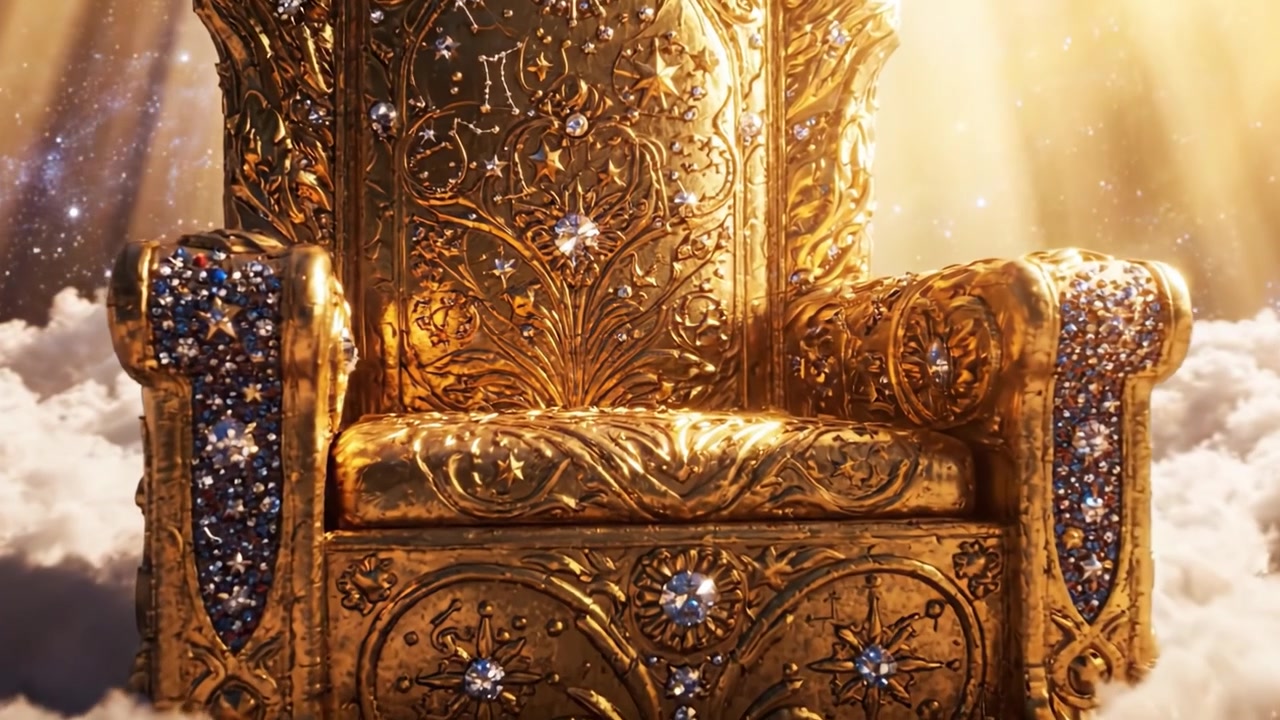 Ein majestätischer goldener Thron, erhaben über den Wolken schwebend, strahlt Licht und Eleganz aus, umgeben von funkelnden Juwelen und einer ätherischen Atmosphäre der Pracht.