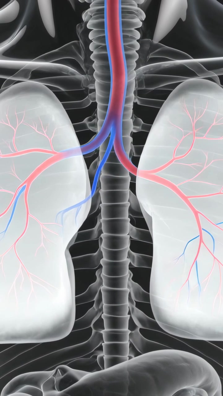 Vertical video: Animating central vessel descent, medical 3D model revealing pulmonary circulation