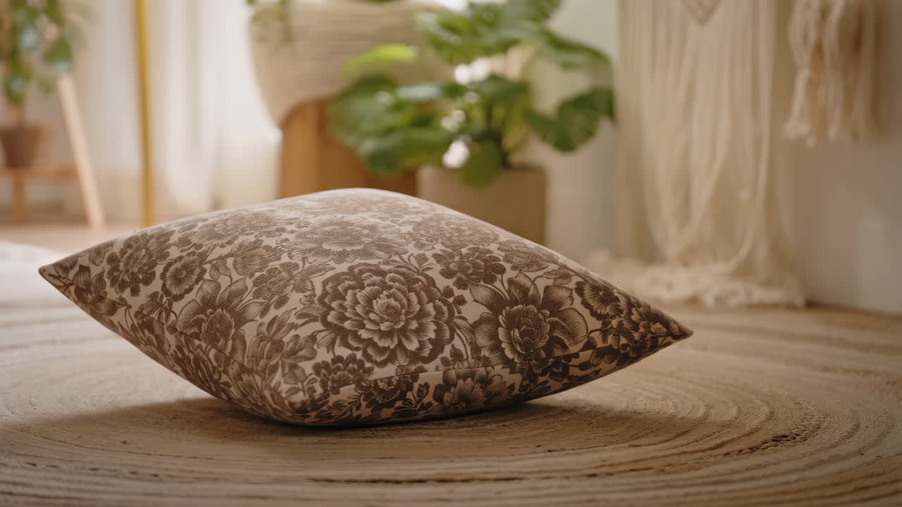 A decorative pillow with a floral pattern on a woven rug in a cozy room