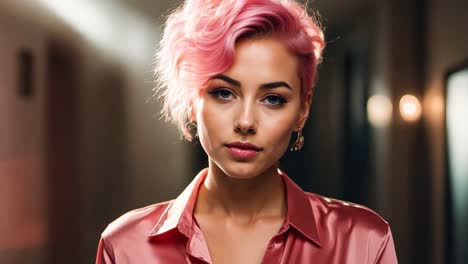 a woman with pink hair wearing a pink shirt