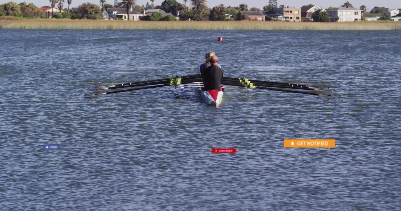 Appearing social badges, rower wearing dark longsleeve top rowing single scull on lake, buoy ahead
