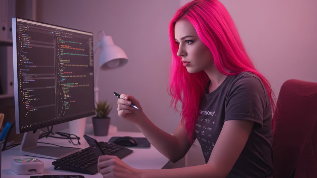A young woman with vibrant pink hair deeply focused on coding at a modern workstation, showcasing the blend of technology and creativity in her programming environment