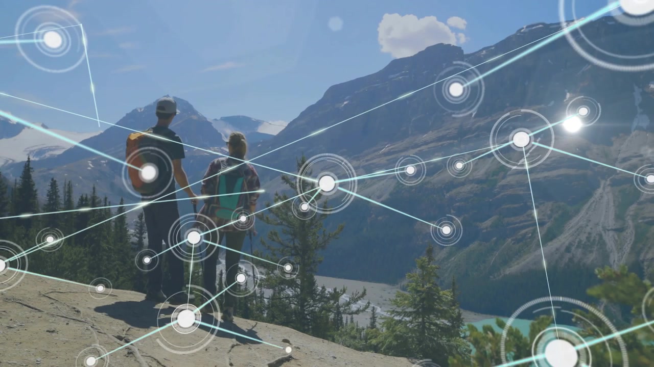 Network of connections and data processing animation over hikers in mountainous landscape