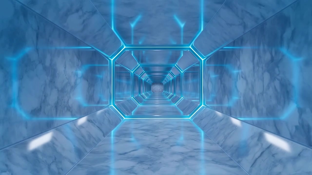 Eye-level view down glossy hexagonal corridor built from smooth marble-like panels joined by illuminated cyan seams, creating repeating geometric layers, clean symmetry, and deep perspective