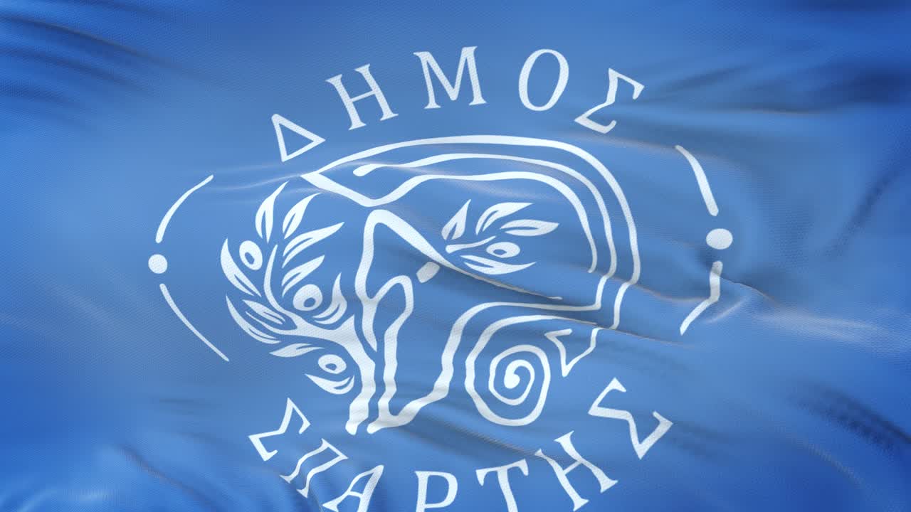 Sparta (Municipality Greece) flag waving in the wind with highly detailed fabric texture. Seamless loop