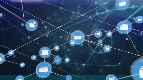 Animation of network of digital icons over glowing light trail against blue background