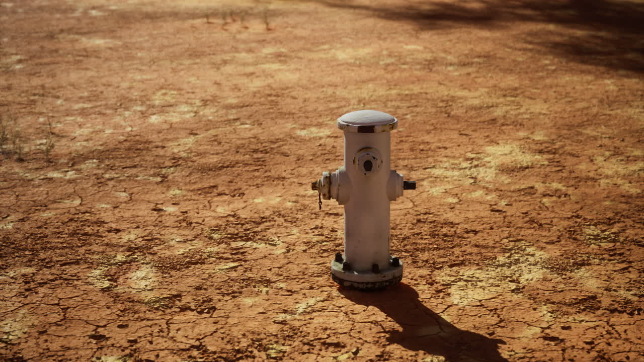 Fire hydrant on dry cracked earth during a sunny day in a rural area