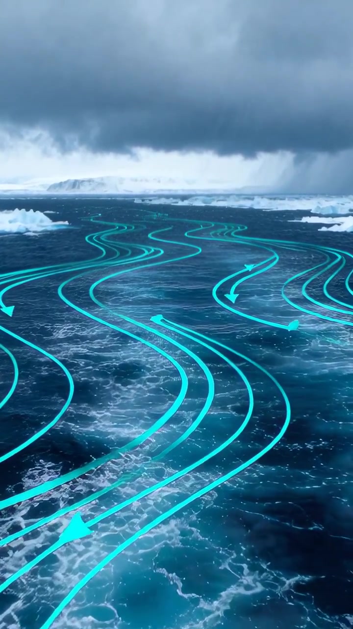 Vertical video: Appearing turquoise lines and arrows tracing currents over icy ocean, shelf visible
